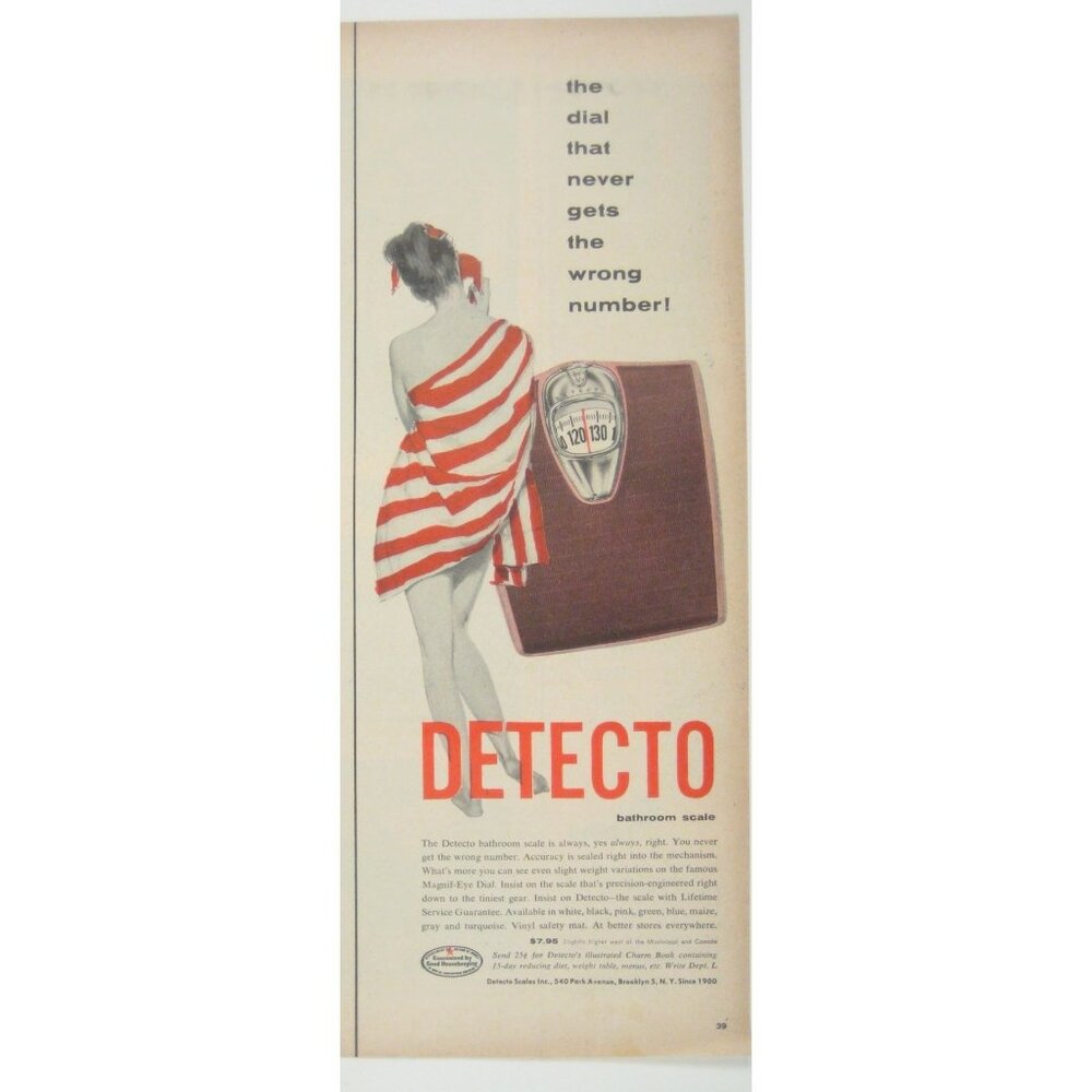 Detecto Vintage 1956 Bathroom Scale Print Ad Women Striped Towel MOD